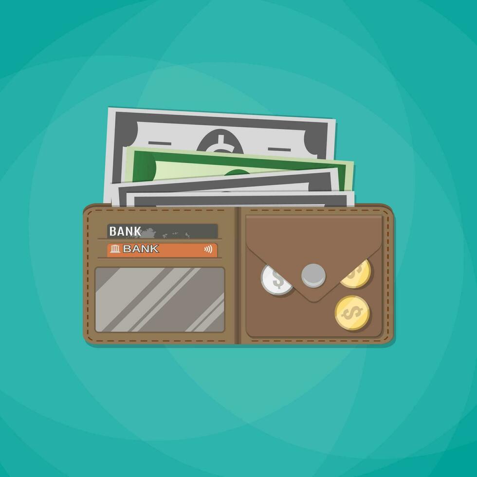 Opened brown leather wallet. With plastic cards, coins and dollar cash. vector illustration in flat design on green background