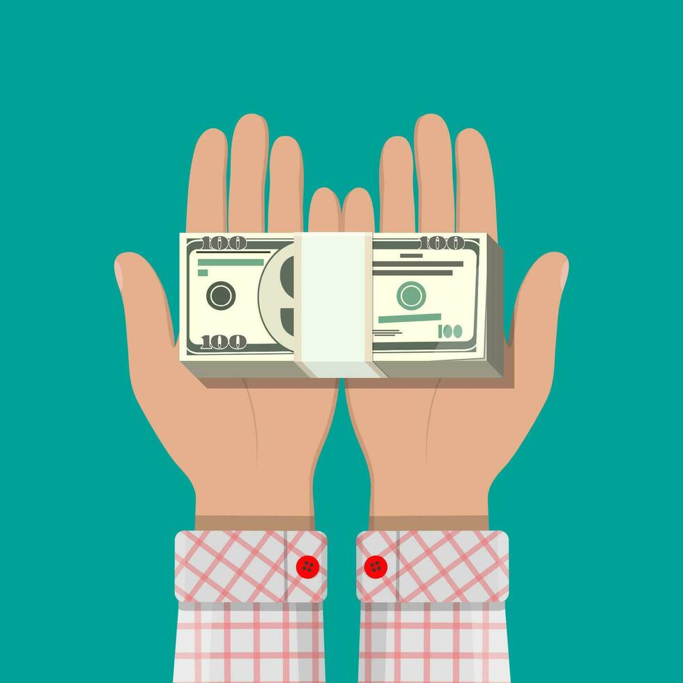 Stack of dollar banknotes in hands. Concept of savings, donation, paying. Vector illustration in flat style
