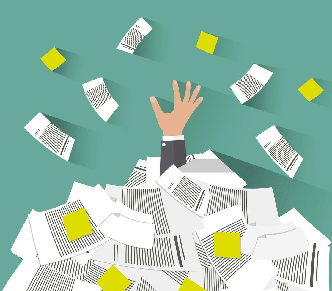 Cartoon Businessman need help under a lot of documents. Overwork concept. vector illustration in flat design on green background