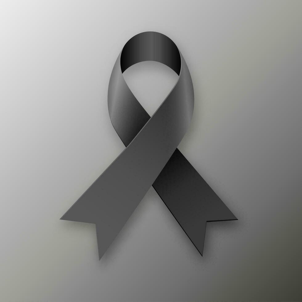 Black awareness ribbon on dark background. Mourning and melanoma symbol. vector illustration