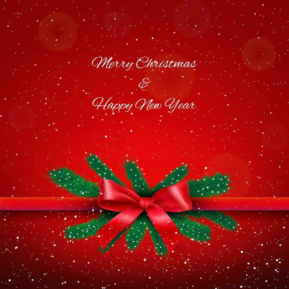 regalo rojo cinta con arco terminado piel ramas a rojo estrellado Navidad antecedentes con nieve. vector ilustración, modelo para saludo o postal tarjeta.