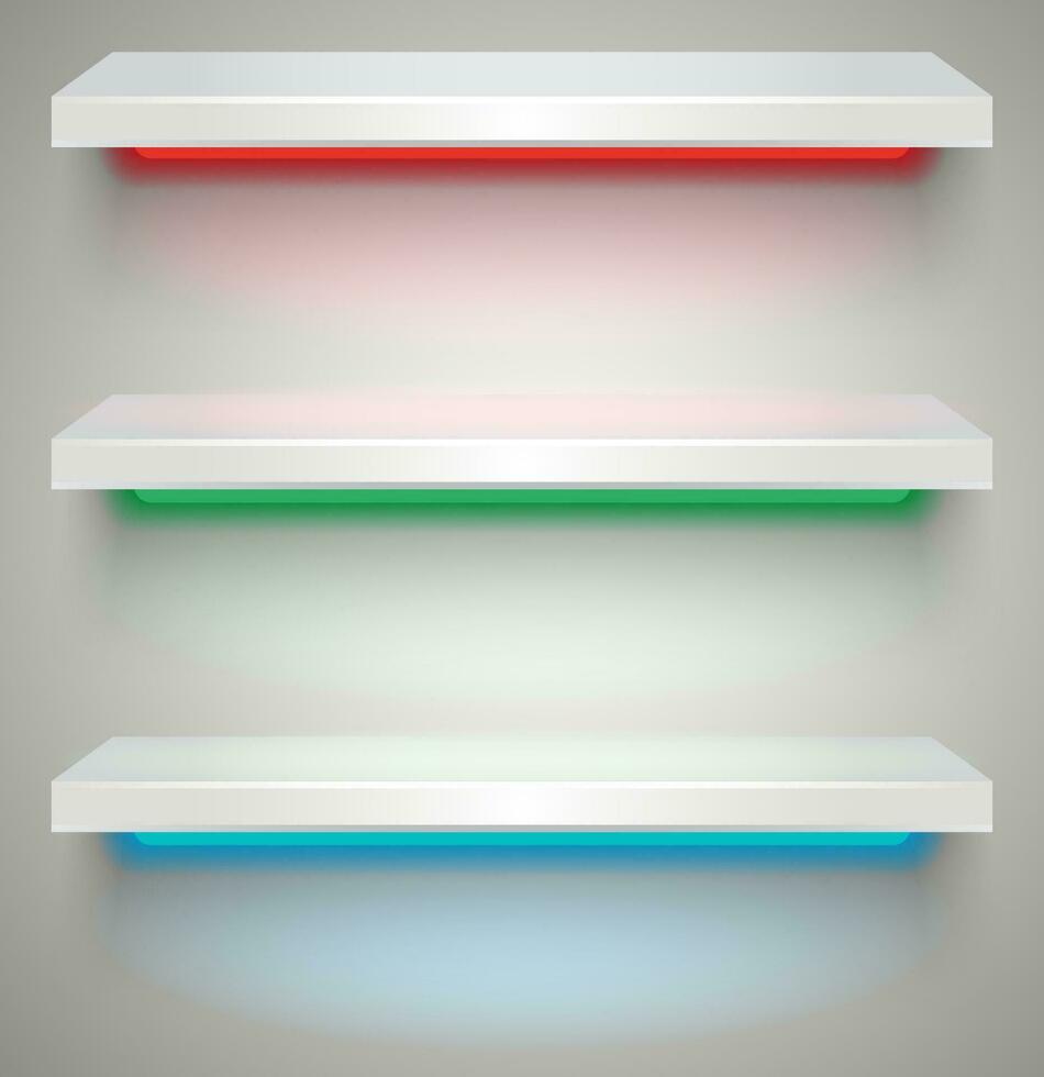 Three empty white plastic illuminated by neon lights shelves with shadows on grey light background. vector illustration