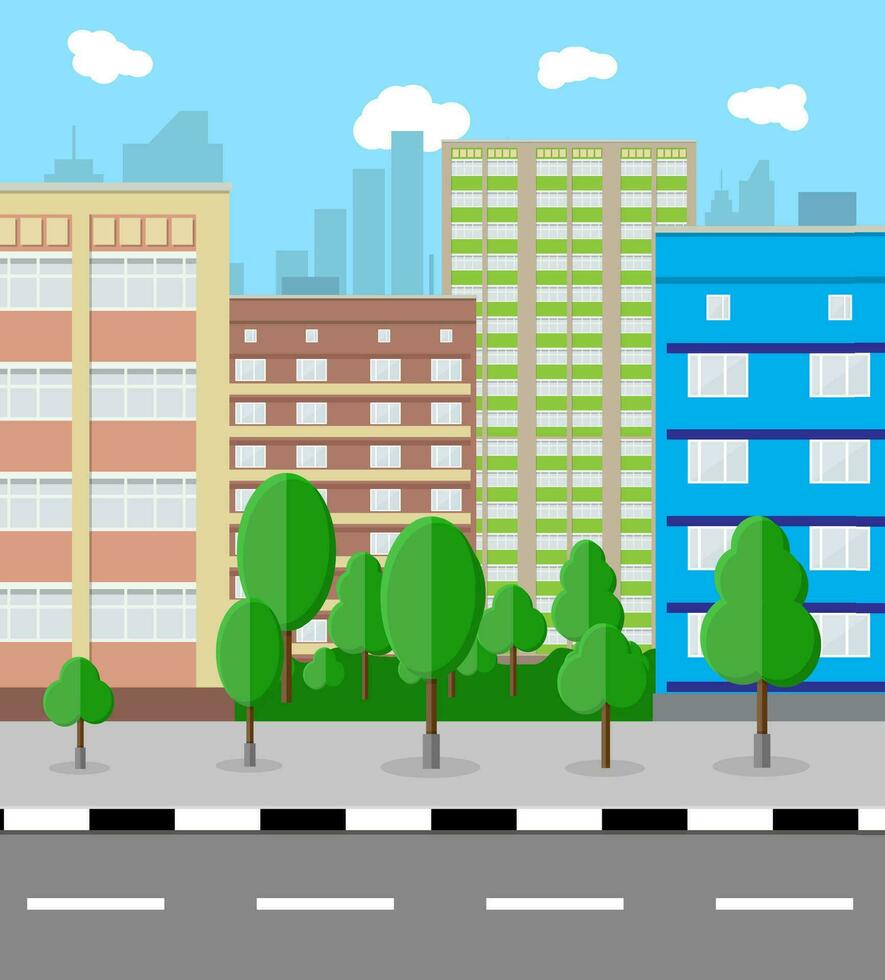 Modern City View. Cityscape with office and residental buildings, trees, road, blue background with clouds. vector illustration in flat style