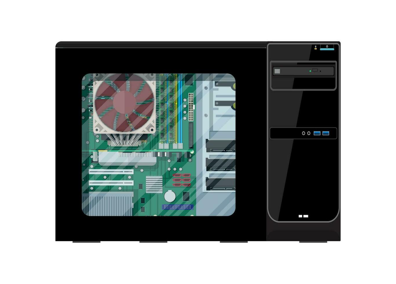 Desktop pc with window. Motherboard, hard drive, cpu, fan, graphic card, memory. Personal computer hardware. PC components inside case. Vector illustration in flat style