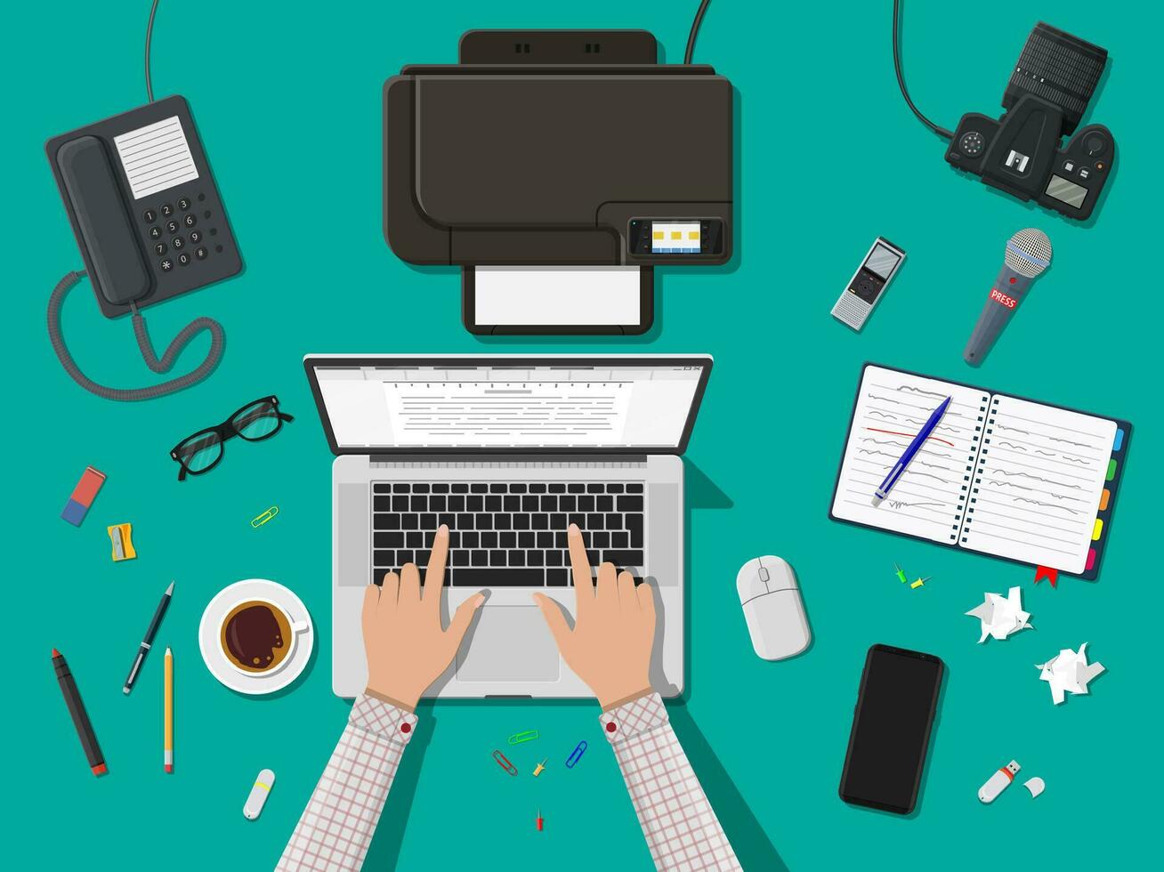 Writer or journalist workplace. Laptop pc, smartphone, mouse. Paper sheets with text, pen. Printer, recorder, coffee. Eyeglasses phone microphone, photo camera Vector illustration in flat style