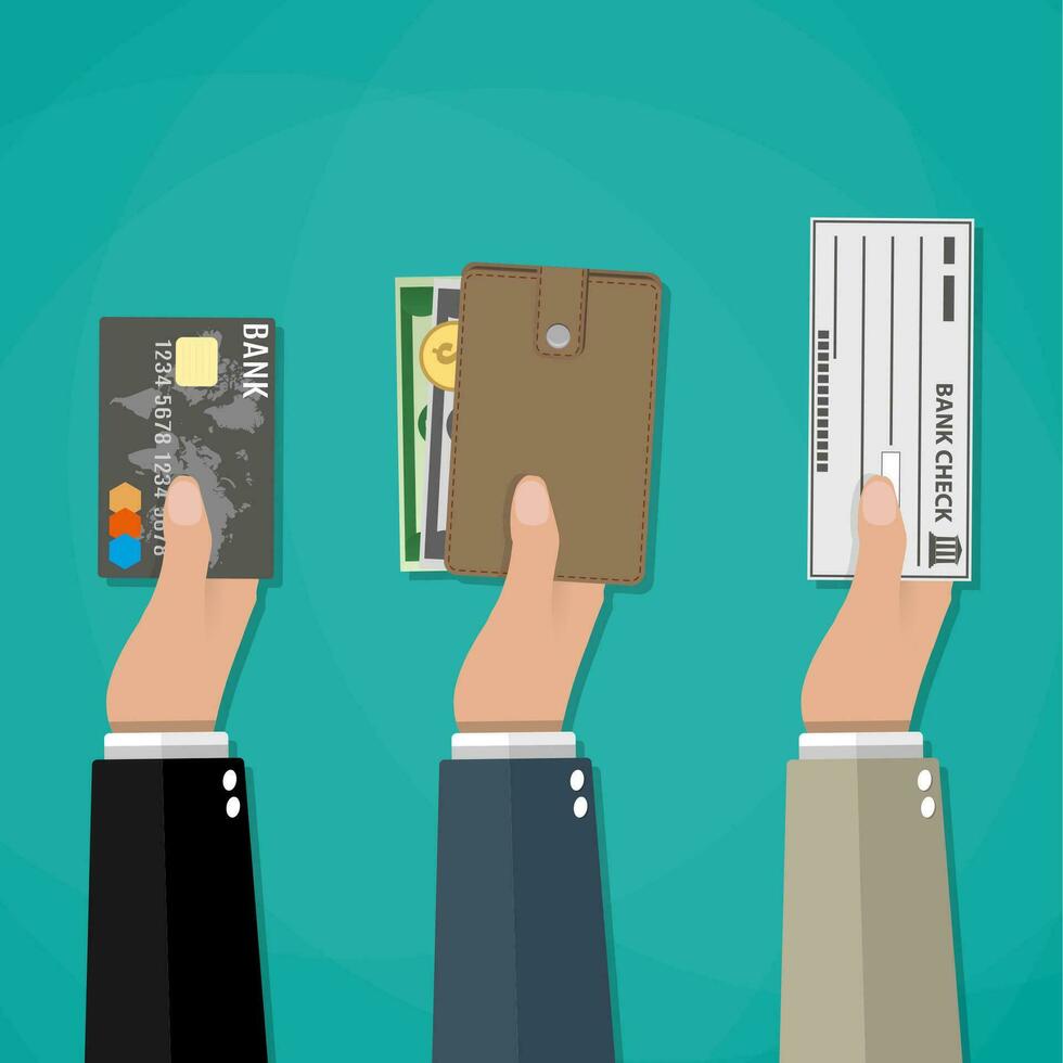 Hands holds wallet with cash, credit debit card and bank check. payment options, vector illustration in flat style on green background