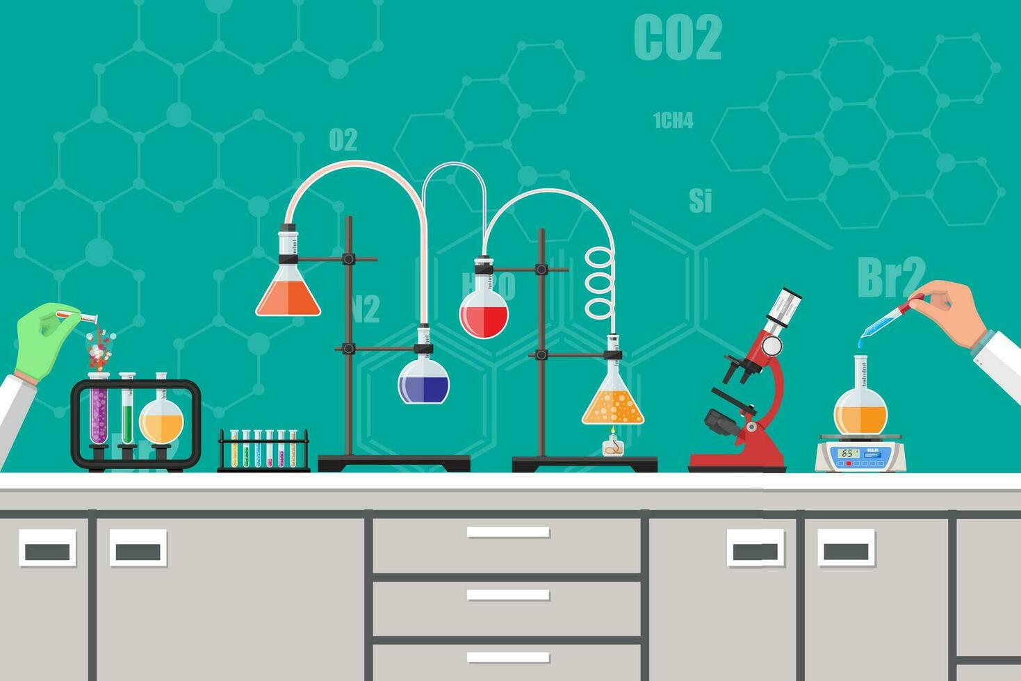 Science Experiment in laboratory. Lboratory equipment, jars, beakers, flasks, microscope, spirit lamp, scales. Biology science education medical vector illustration in flat style