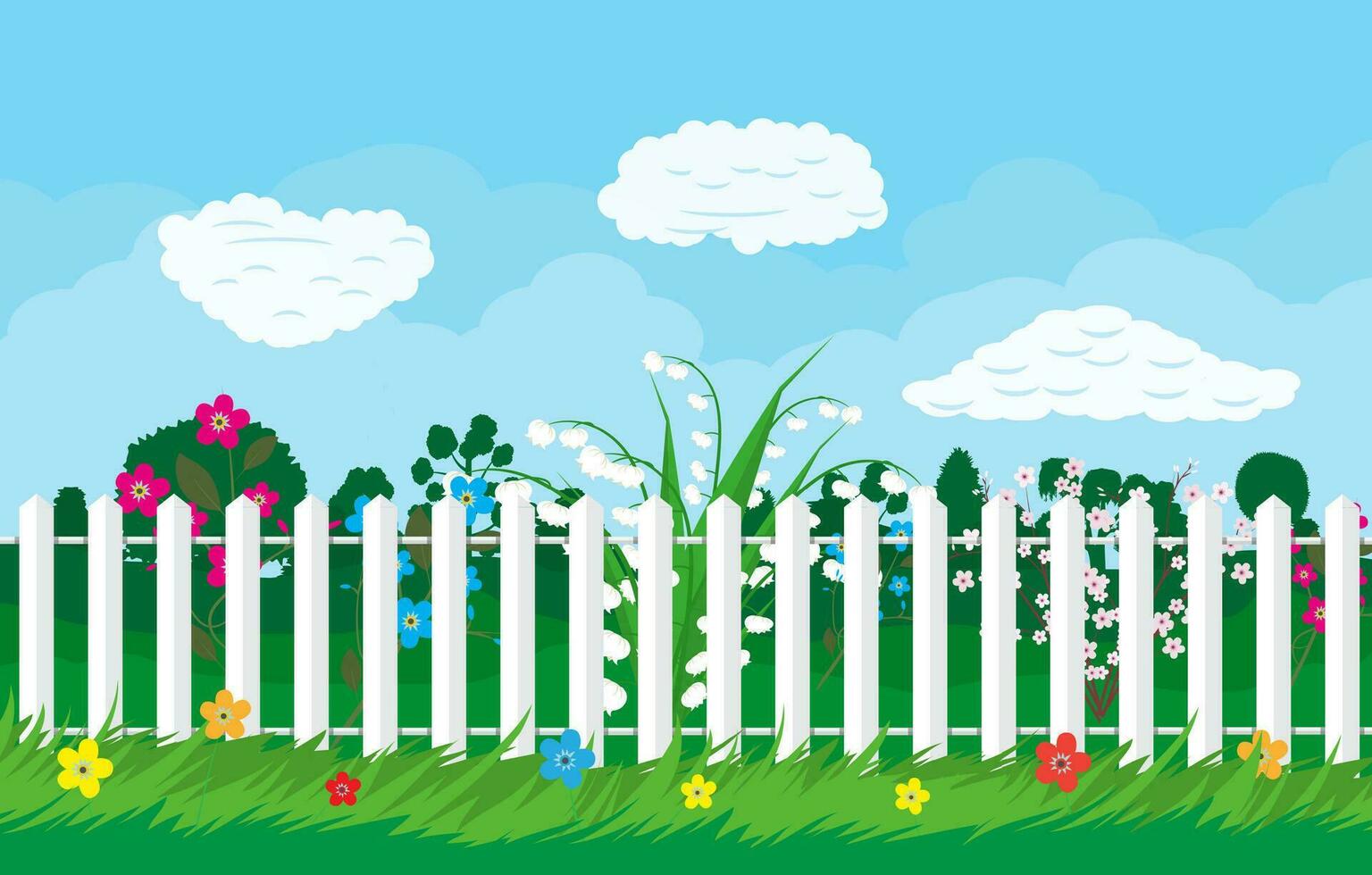Summer nature landscape with plants and fence. Vector illustration in flat style
