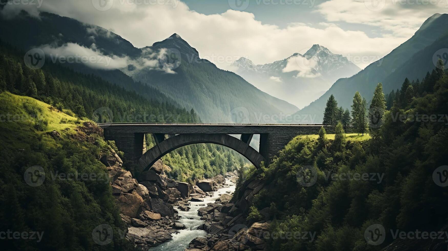 AI generated reality photo of a bridge in the mountains. on a sunny day
