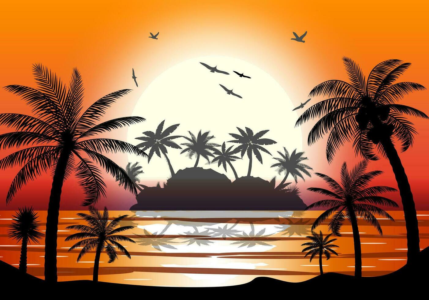 Silhouette of island with palm tree on beach. Sun with reflection in water and seagulls. Sunset in tropical place. Vector illustration