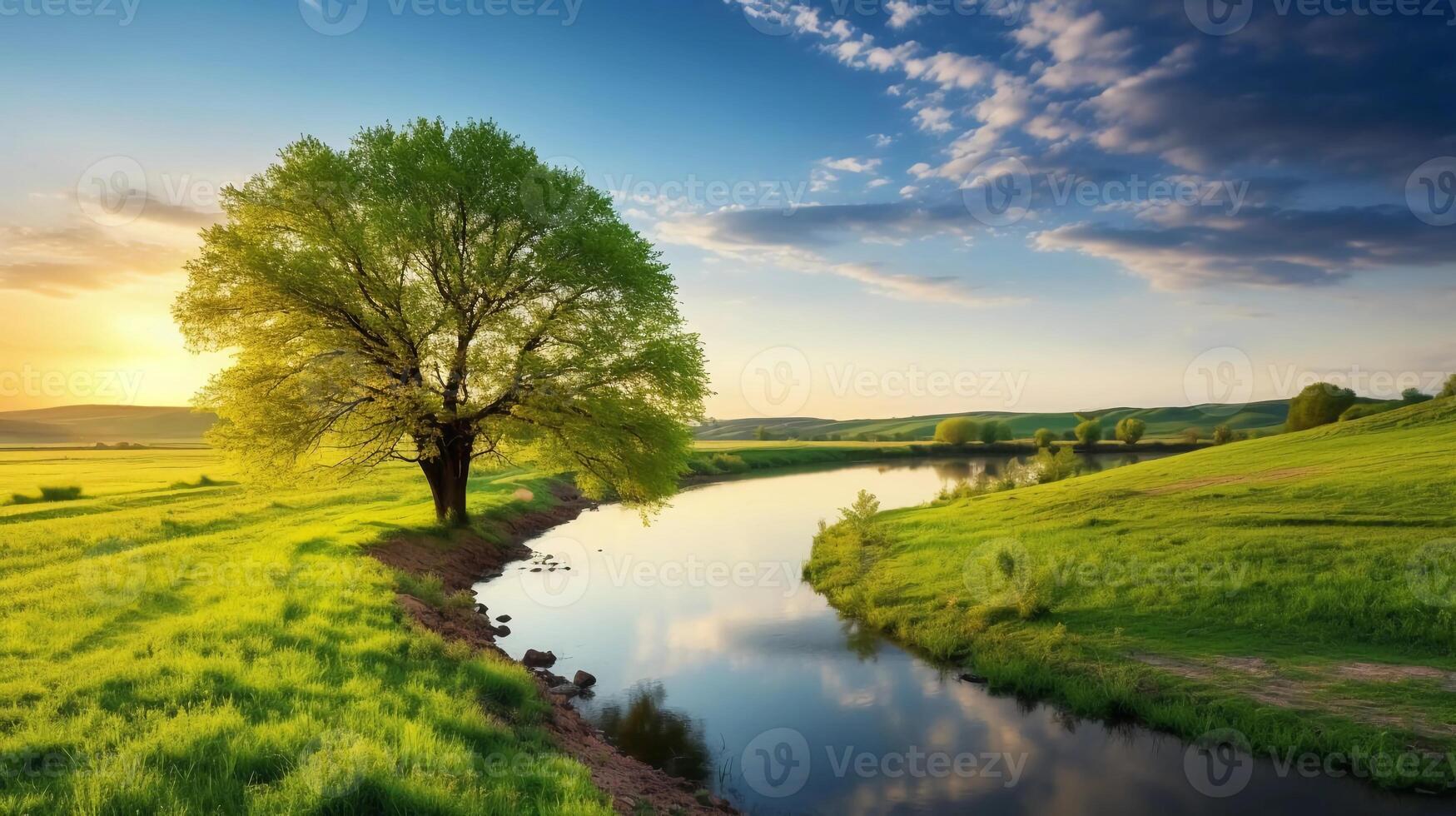 AI generated hoto reality A perfect spring view and morning meadow near the river photo