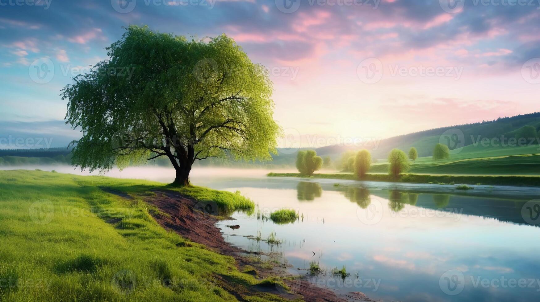 AI generated hoto reality A perfect spring view and morning meadow near the river photo