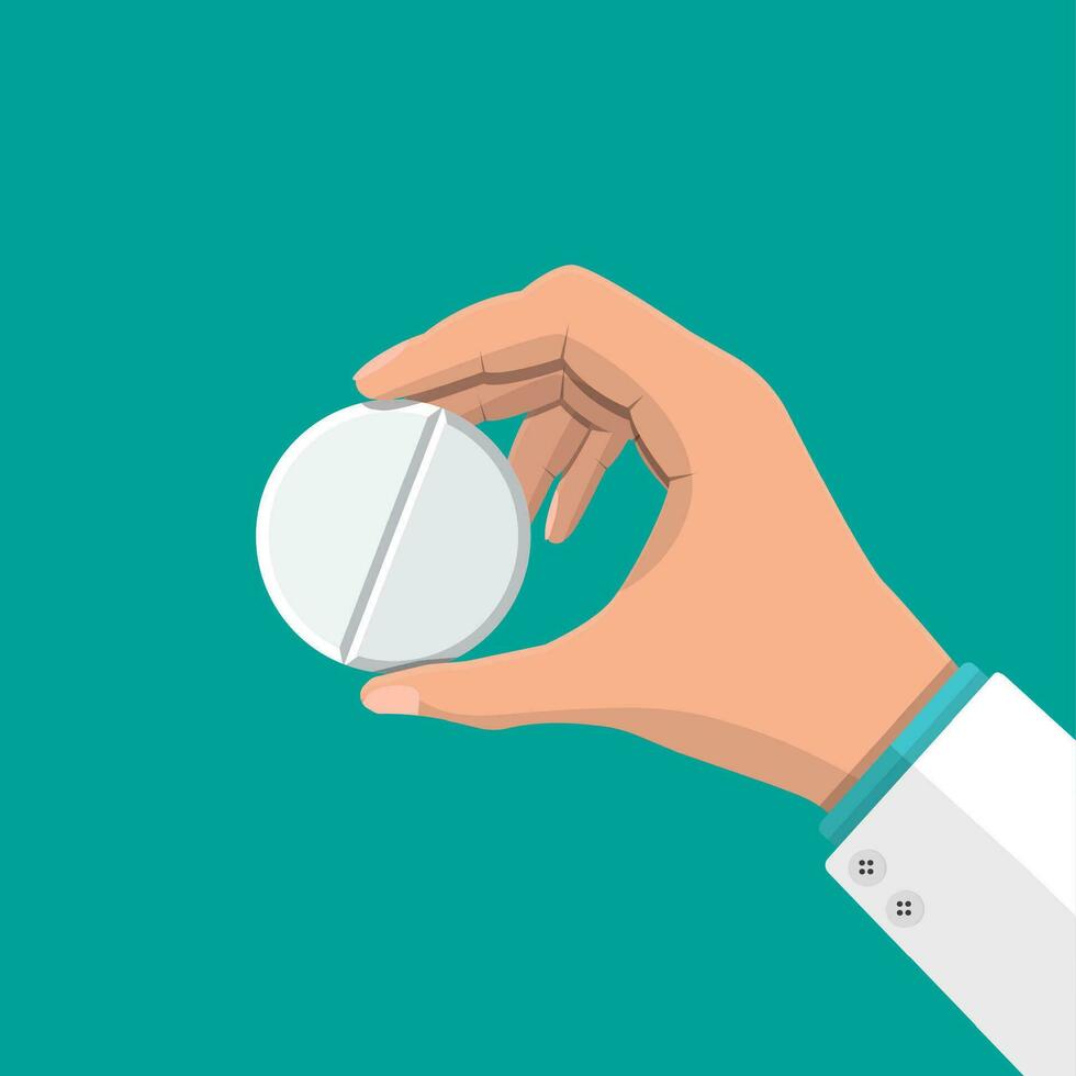 Big pill for illness and pain treatment in hand of doctor. Medical drug, vitamin, antibiotic. Healthcare and pharmacy. Vector illustration in flat style