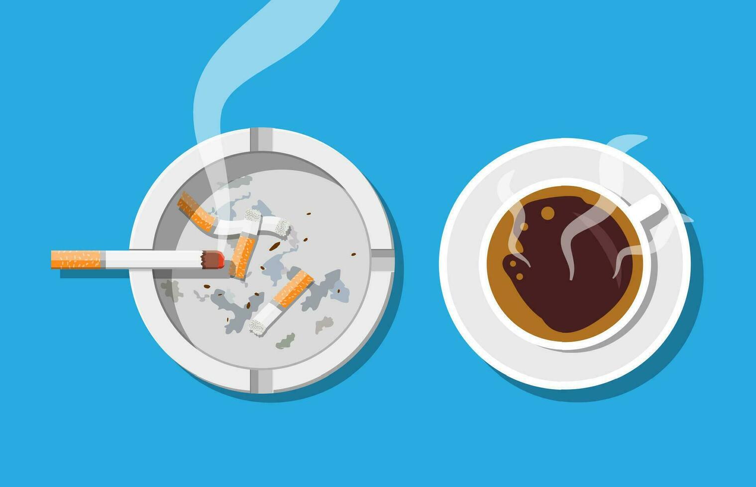 Coffee cup and ashtray full of smokes cigarettes. Unhealthy lifestyle. Vector illustration in flat style