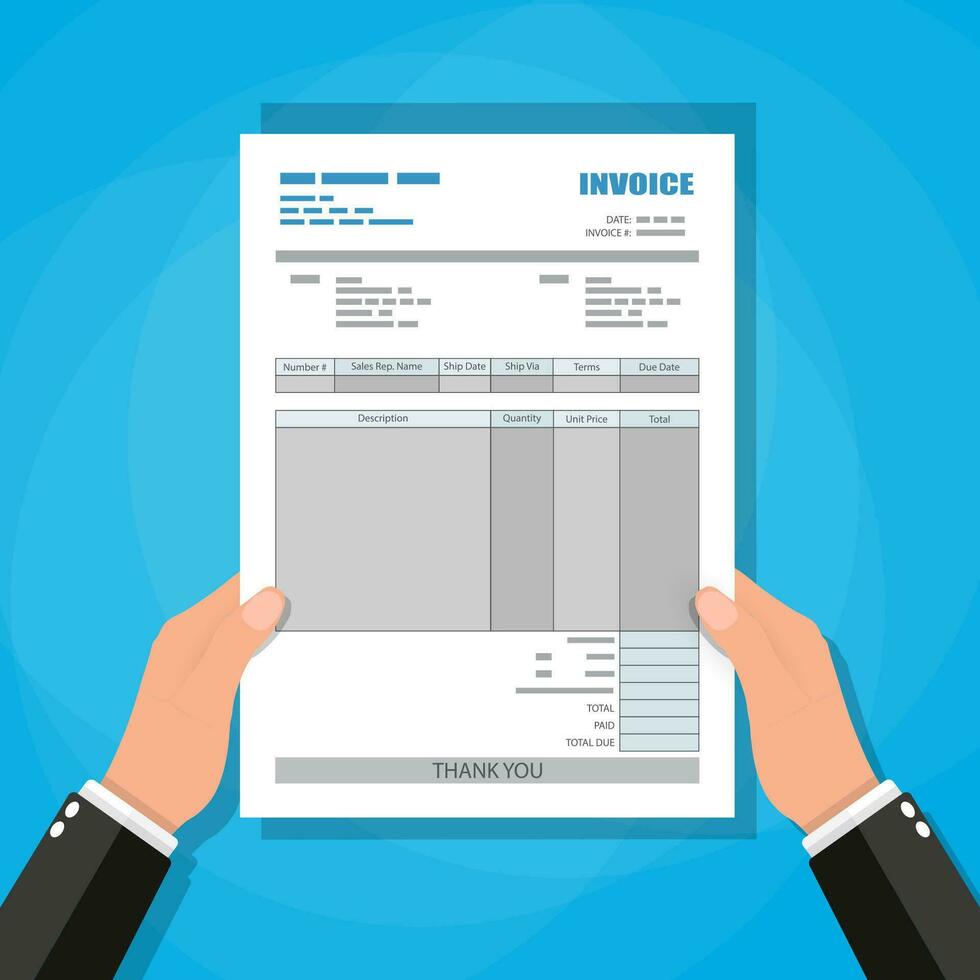Hand holding invoice. unfill paper invoice form. tax. receipt. bill. vector illustration in flat style on blue background