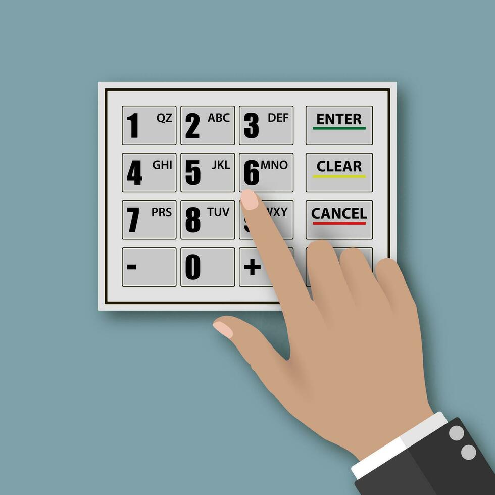 Human hand presses on the button of the ATM, vector illustration on blue background