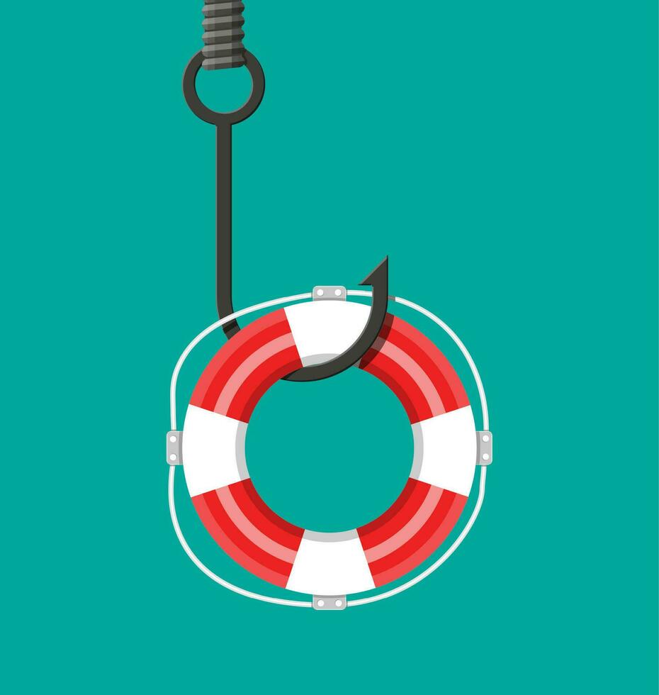 Fishing hook with lifebuoy. Trap on hook. Losing, bankruptcy, devalue, deficit, fraud,crime and lie. Vector illustration in flat style