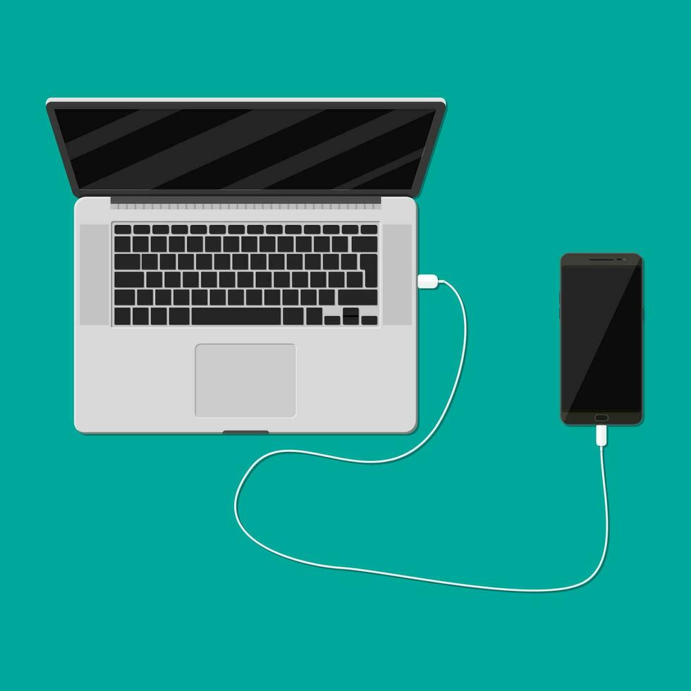 Mobile phone plugged and charging from laptop usb port. Vector illustration in flat style