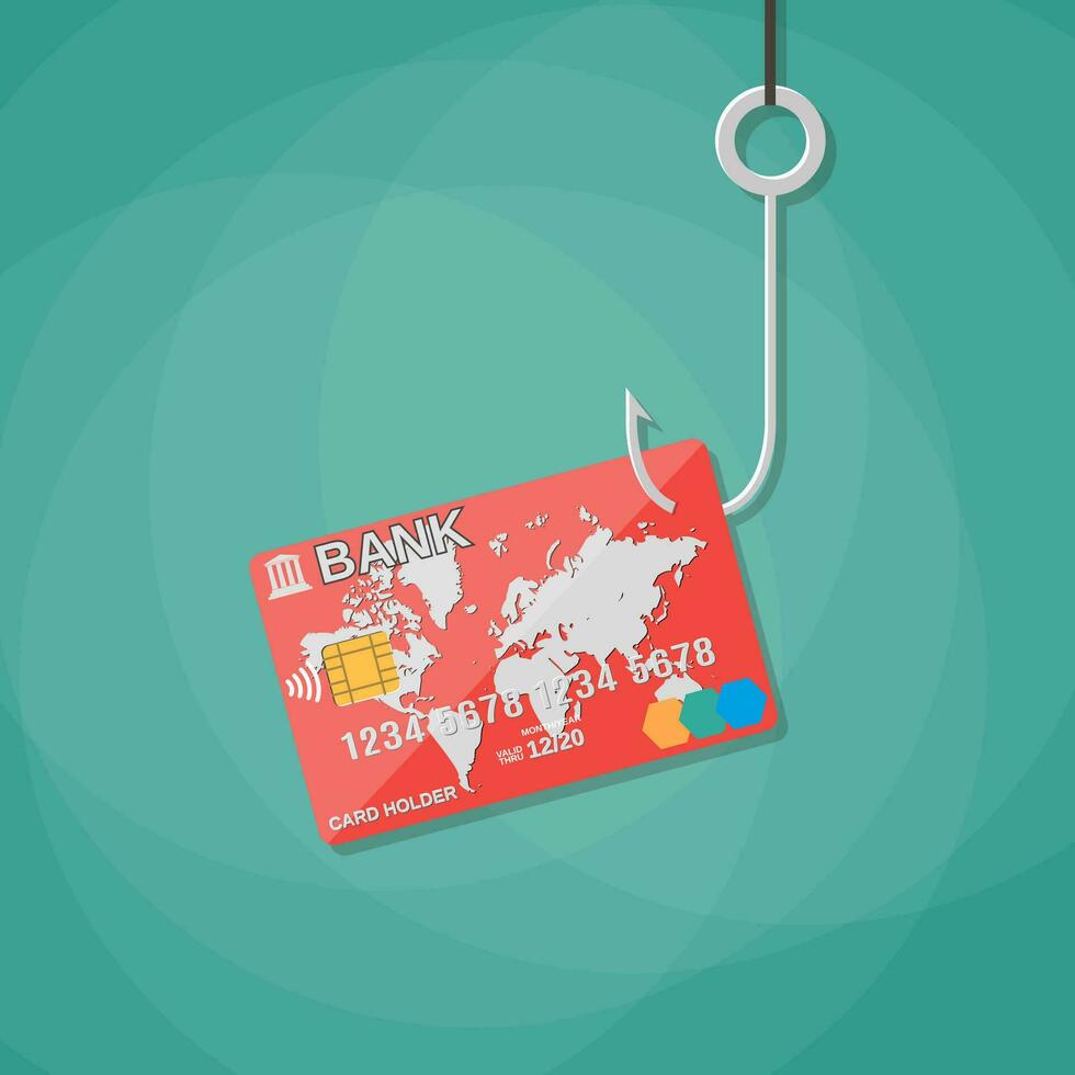 credit or debit plastic bank card on fishing hook,anti fraud, internet security, safety payments. vector illustration in flat design on green background