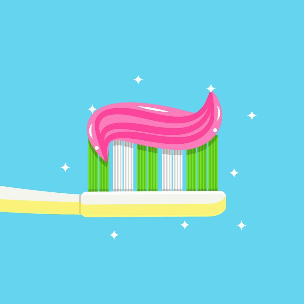 toothpaste on tooth brush. close up. vector illustration in flat style on blue background