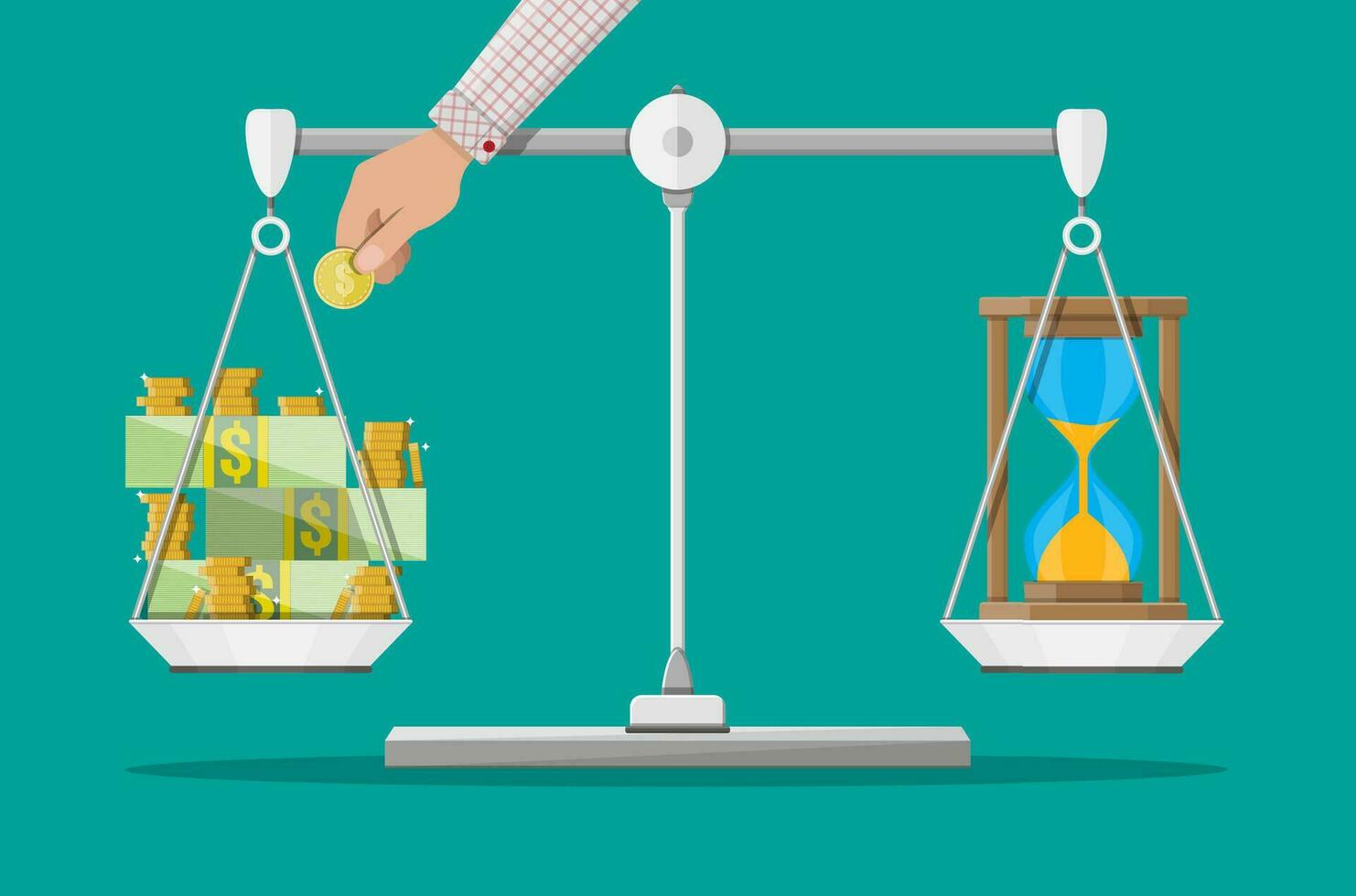Scale weighing money and hourglass clocks. Time is money, financial concept. Vector illustration in flat design