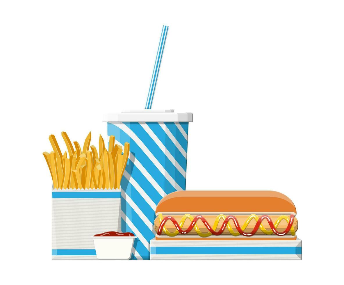 Tasty hotdog, blue striped paper glass with drinking straw, french fries in white paper box. Cup of cola with fries and sausage in bun. Fast food. Vector illustration in flat style