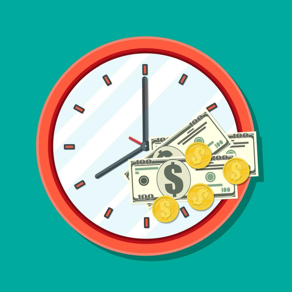 Clock, dollar banknotes and golden coins. Annual revenue, financial investment, savings, bank deposit, future income, money benefit. Time is money concept. Vector illustration in flat style