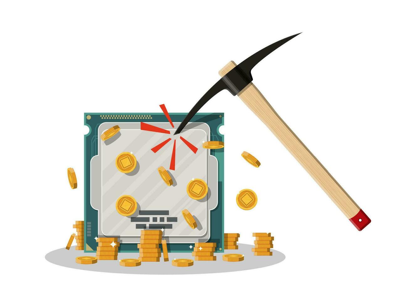 Golden coin with computer chip and pickaxe. Mining symbol. Money and finance. Digital currency. Virtual money, cryptocurrency and digital payment system. Vector illustration in flat style