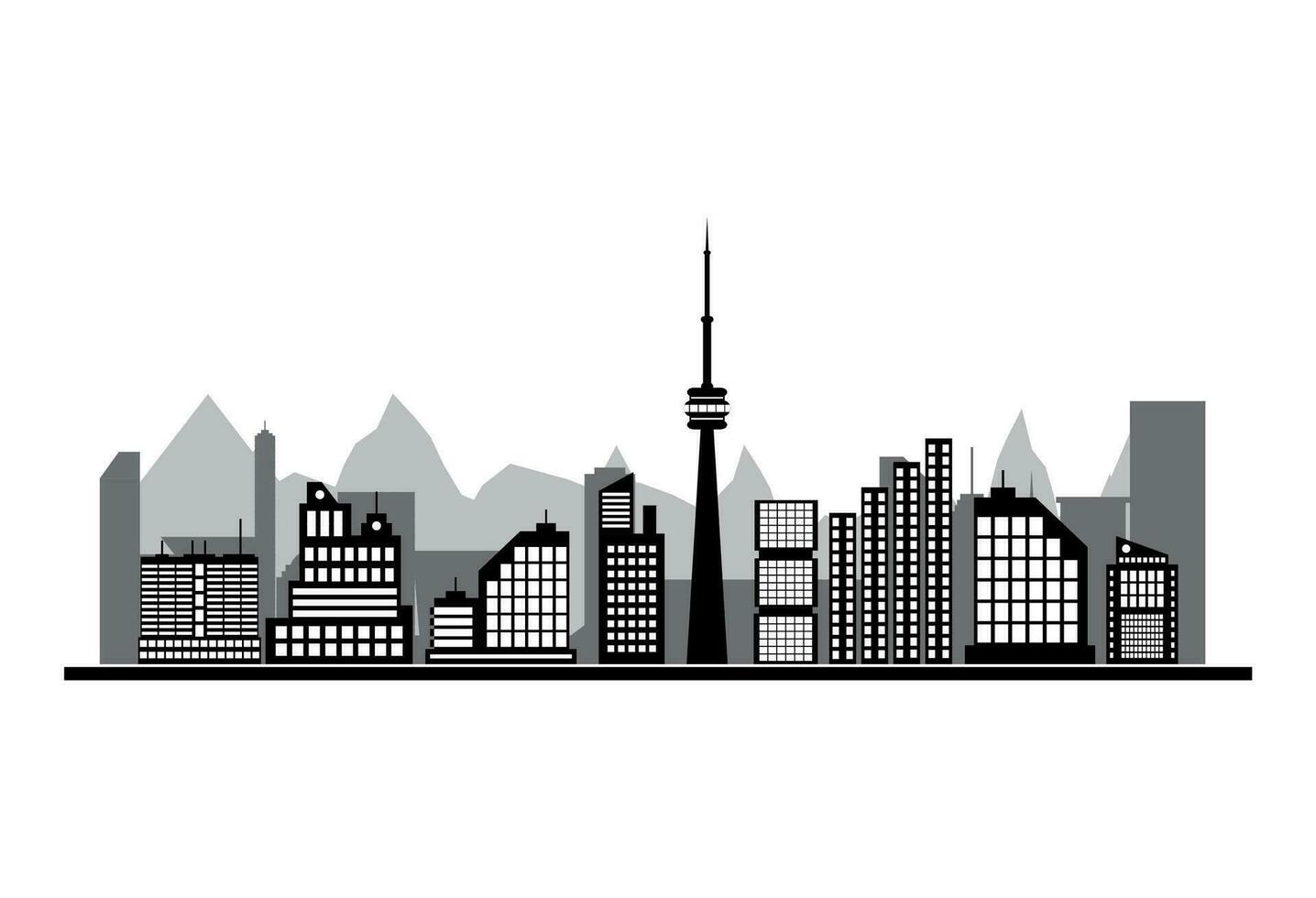 Morning city skyline. Buildings silhouette cityscape with mountains. Cityscape with office and residental buildings, television tower. white background. Vector illustration