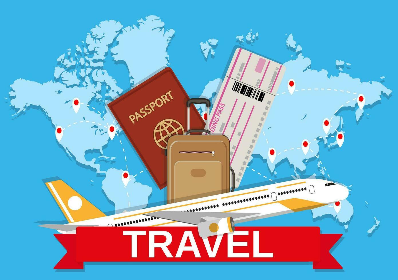 Brown travel bag, boarding pass, passport and civil aircraft and red sign on blue background of world map with routes. travel concept. vector illustration in flat design