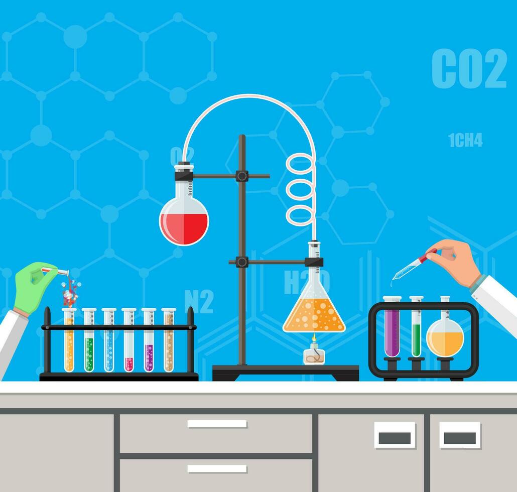 Science Experiment in laboratory. Lboratory equipment, jars, beakers, flasks, microscope, spirit lamp. Biology science education medical vector illustration in flat style