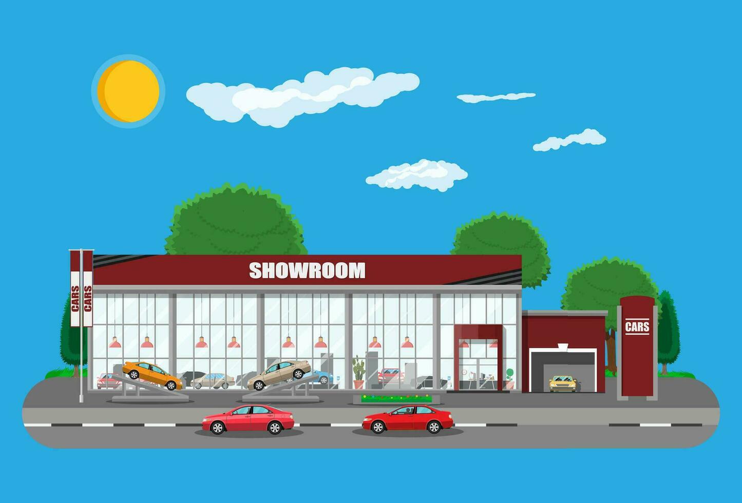 Exhibition pavilion, showroom or dealership. Car showroom building. Car center or store. Auto service and shop. Road, sky, cloud and sky. Vector illustration in flat style