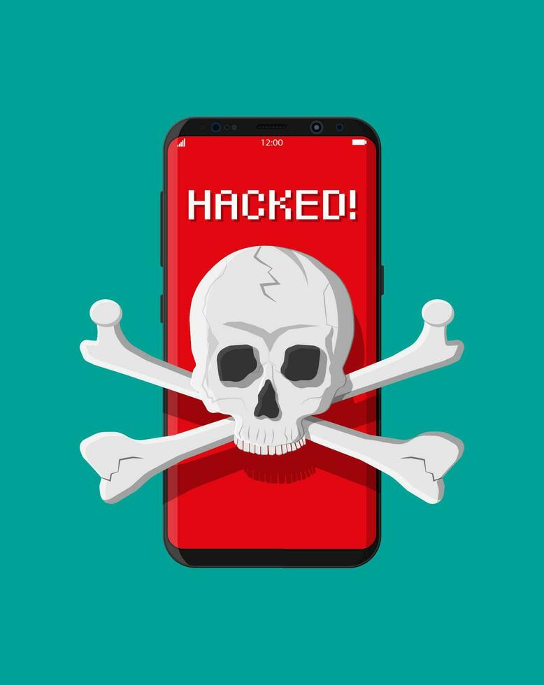 Death skull and bones on smatphone screen. Internet phishing, hacked login and password. Computer network and internet security concept. Antivirus, spyware, malware. Vector illustration flat style