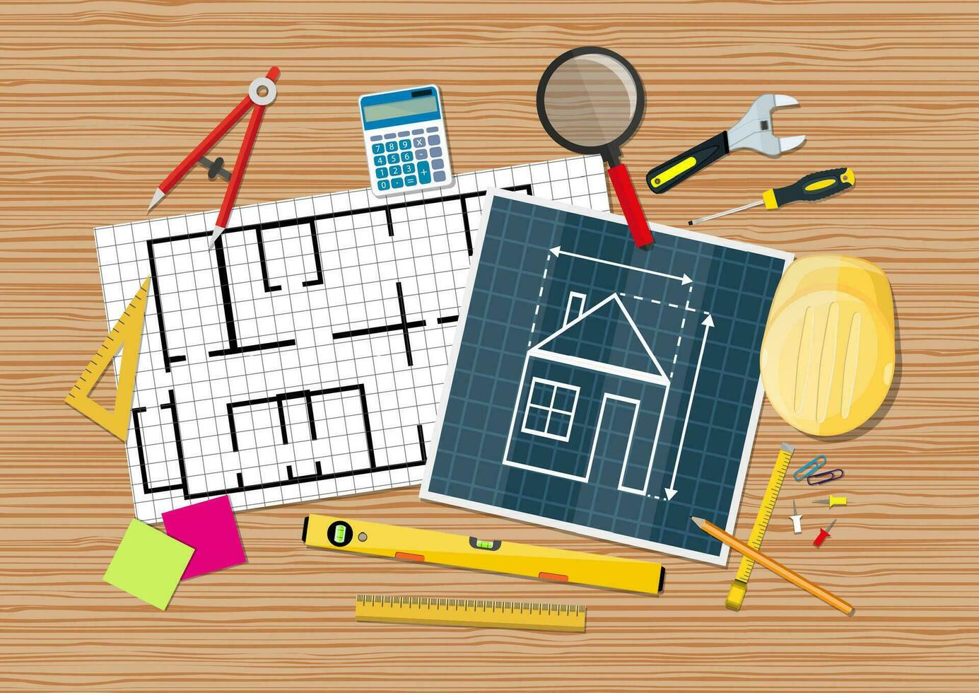 Engineer workspace. blueprint. Engineering drawing project, Sketching building. ruler calculator level helmet wrench screwdriver. vector illustration in flat style on wooden background