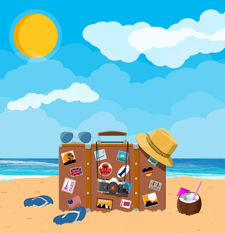 Vintage old travel suitcase on beach. Leather retro bag with stickers. Hat, photo camera, eyeglasses, flip flops, coconut. Sand beach, sea, cloud, sun. Vacation travel. Vector illustration flat style