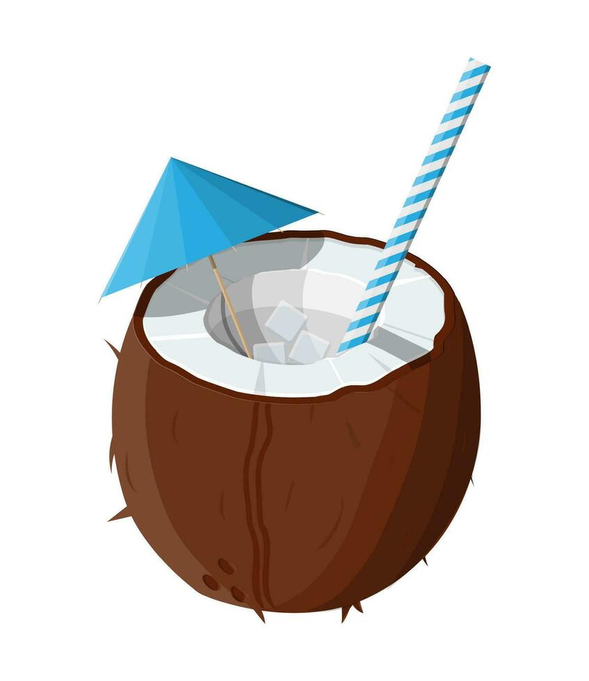 Half coconut on white. Cold drink milk, alcohol cocktail. Umbrella and ice cubes. Refreshment beach drink with straw. Vector illustration in flat style