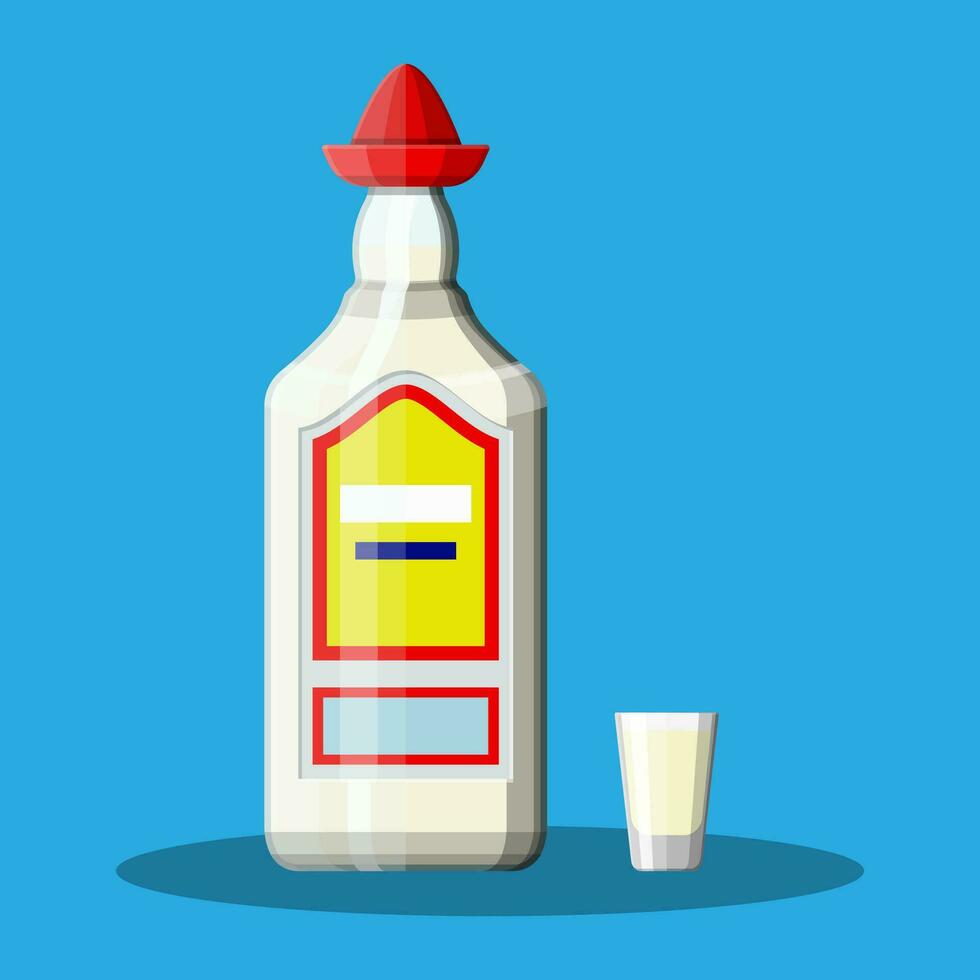 Bottle of tequila with shot glass. Tequila alcohol drink. Traditional Mexican drink. Vector illustration in flat style
