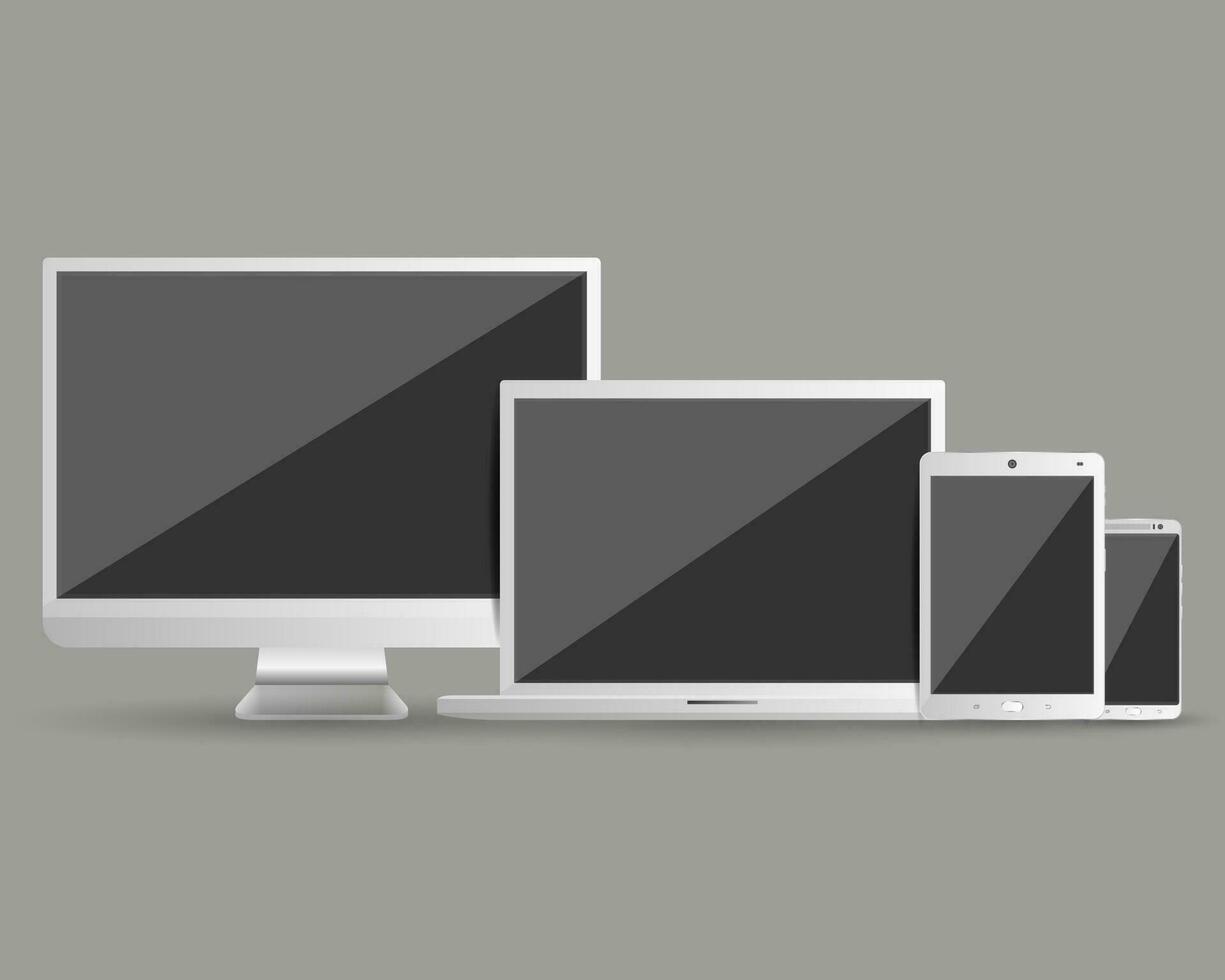 moderno dispositivos colocar. computadora monitor, teléfono inteligente, ordenador portátil y tableta ordenador personal en plata color. vector ilustración en gris antecedentes