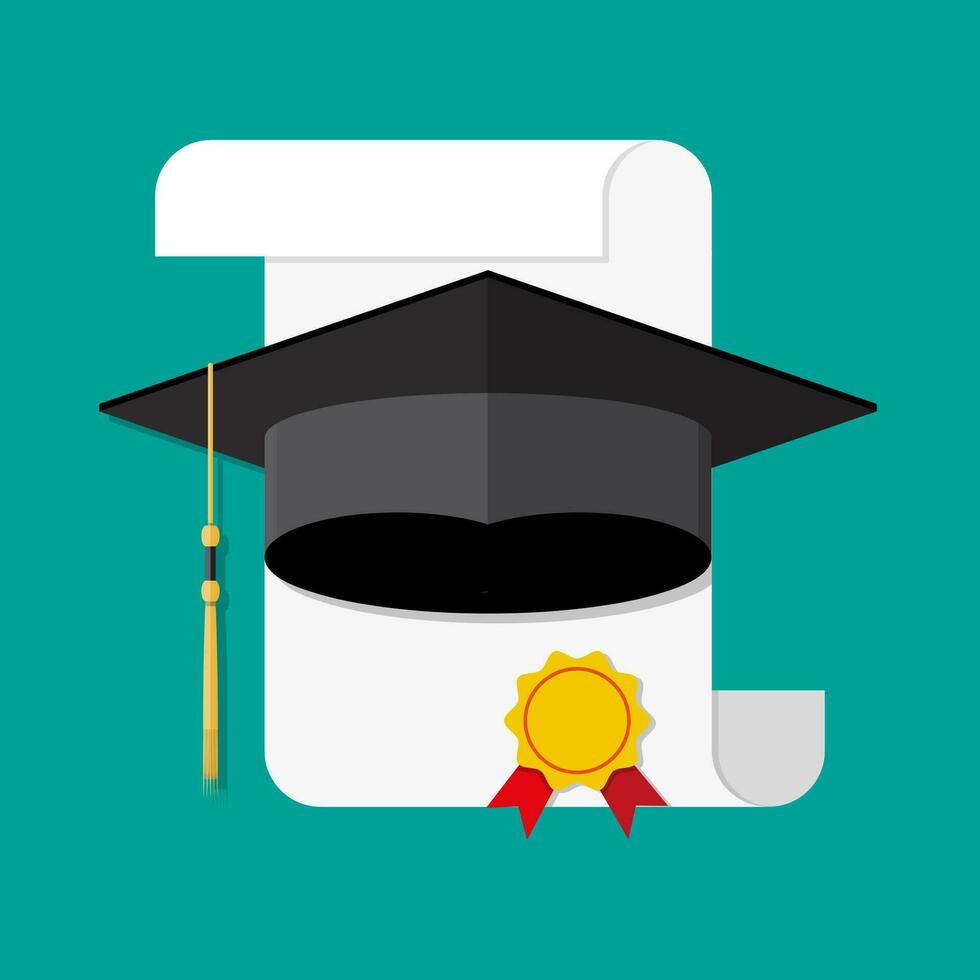 White unrolled paper diploma scroll with yellow stamp, red ribbons and black graduation cap. Graduation concept. vector illustration in flat style on green background