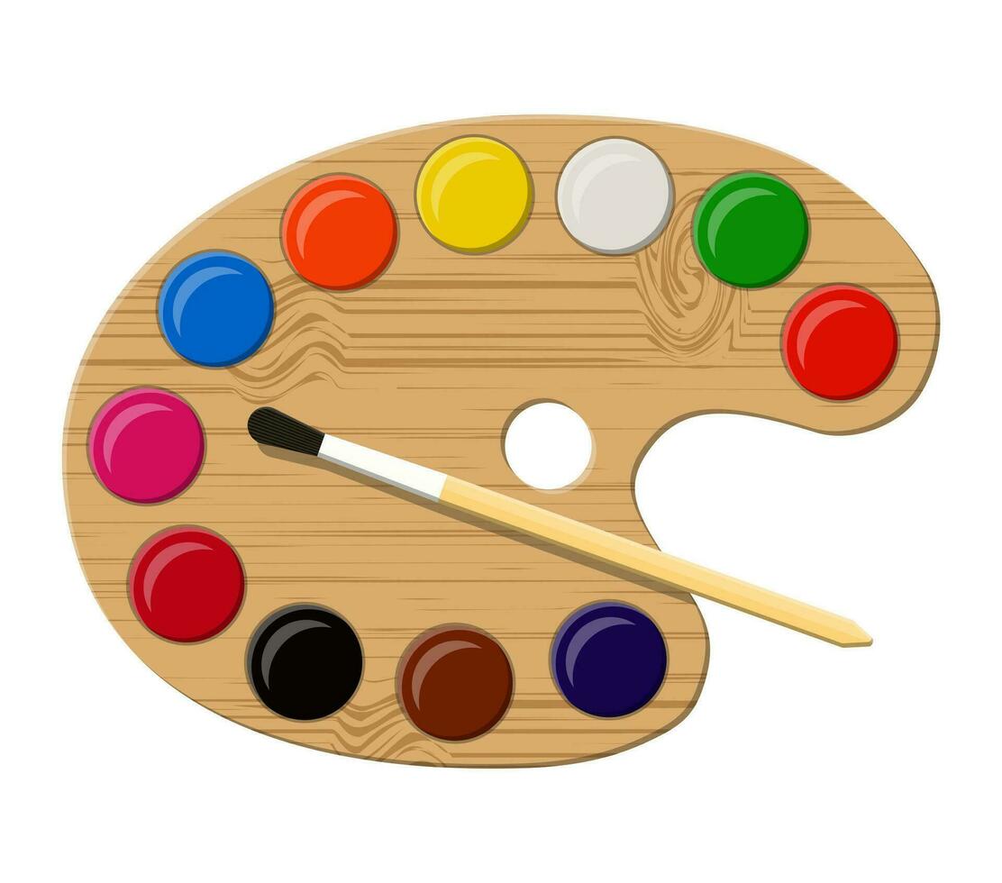 Wooden art palette with paints and brush isolated on white. Colorful watercolour box. Different colors palette. Tool for designer, illustrator, artist. Vector illustration in flat style