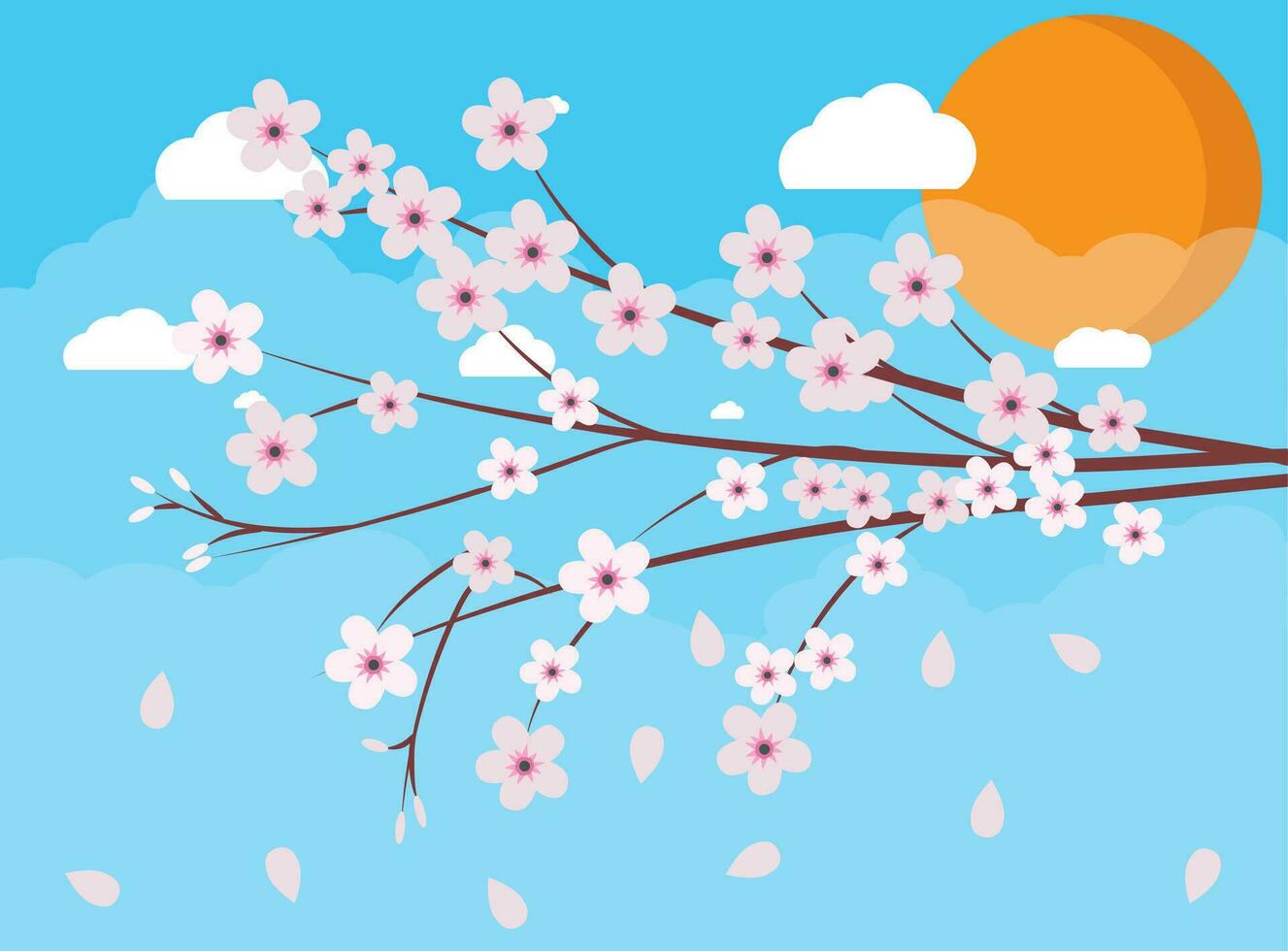 Sakura japan cherry branch with blooming flowers, blue sky background with clouds and sun. vector illustration in flat design