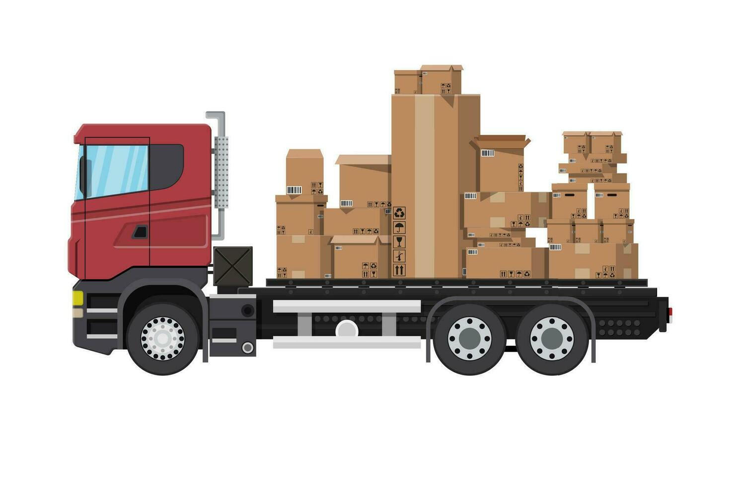 Red delivery truck transporting brown cardboard package. Pile cardboard boxes. Carton delivery packaging open and closed box with fragile signs. Vector illustration in flat style