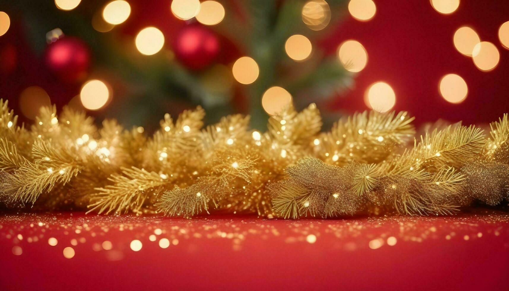AI generated Christmas decoration border with fir branches and golden glitter confetti and sparkles of lights blur bokeh on red background. Bright Christmas and New Year photo