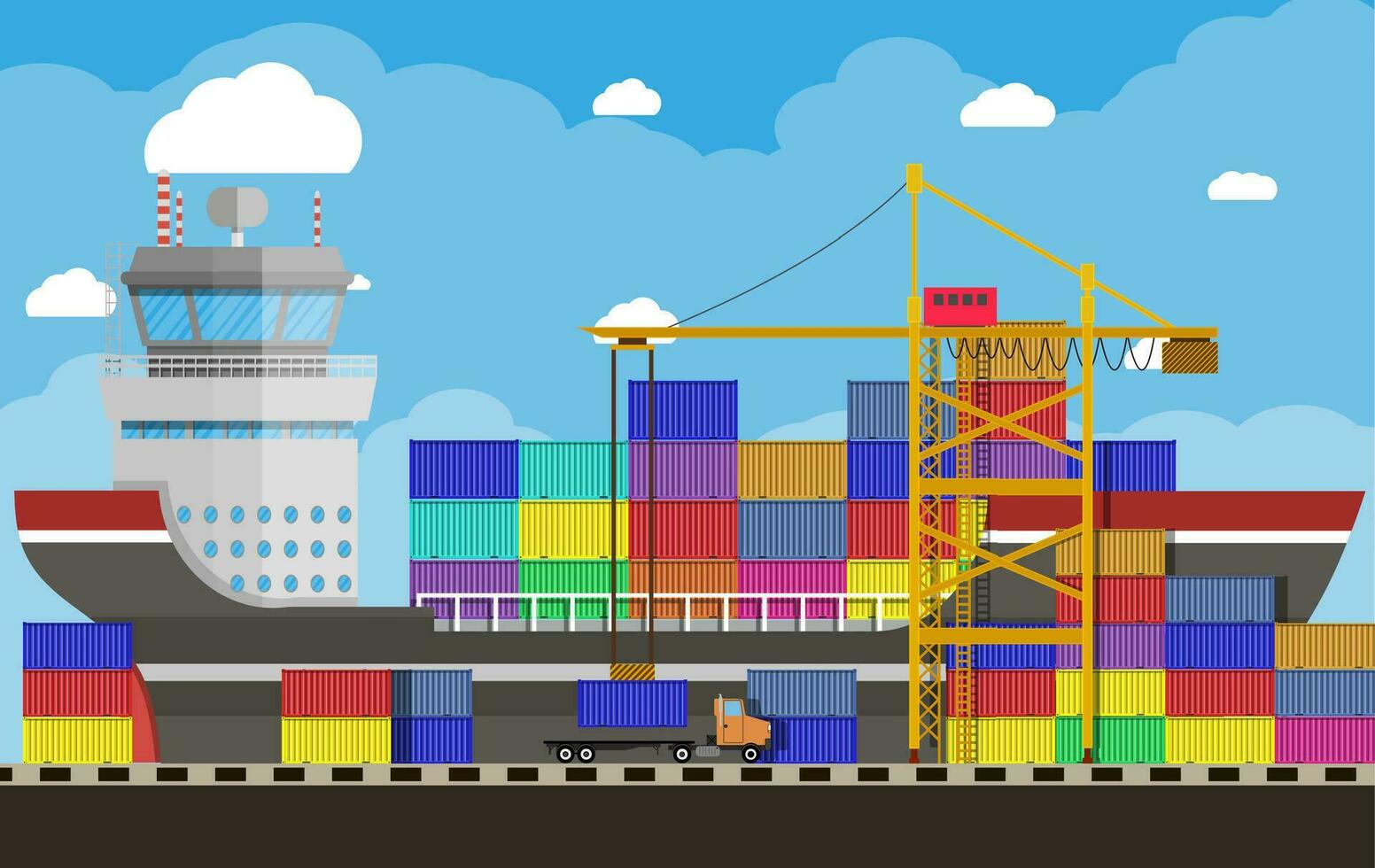 River ocean and sea freight shipping by water. crane unloads a cargo ship. containet truck. Background with blue sky and clouds. sea port logistics and delivery. vector illustration in flat style