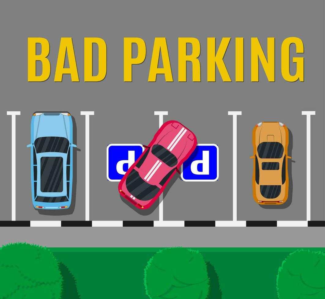 City parking lot with different cars. Shortage parking spaces. Parking zone top view with vehicles. Bad or wrong car parking. Traffic regulations. Rules of the road. Vector illustration in flat style