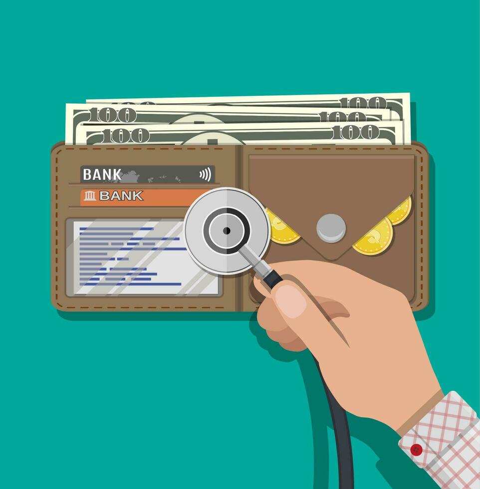 Hand with medial stethoscope and leather wallet with dollar cash, coins, bank cards. Check the financial stability. Vector illustration in flat style
