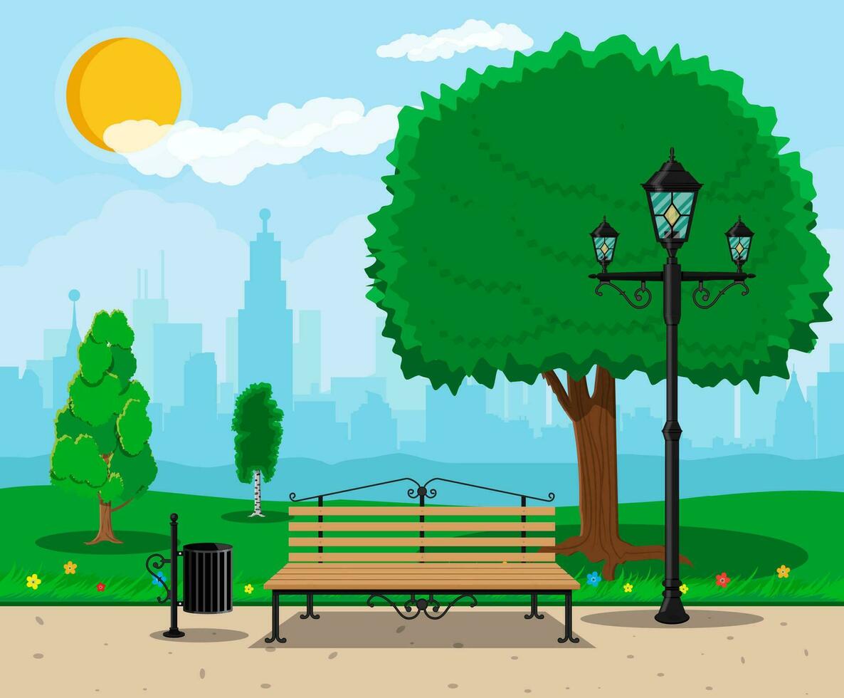 City park concept, wooden bench, street lamp, waste bin in square. Cityscape with buildings and trees. Sky with clouds and sun. Leisure time in summer city park. Vector illustration in flat style