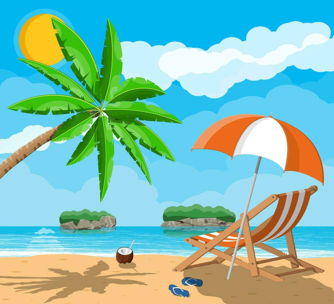 Landscape of wooden chaise lounge, palm tree on beach. Umbrella and ...
