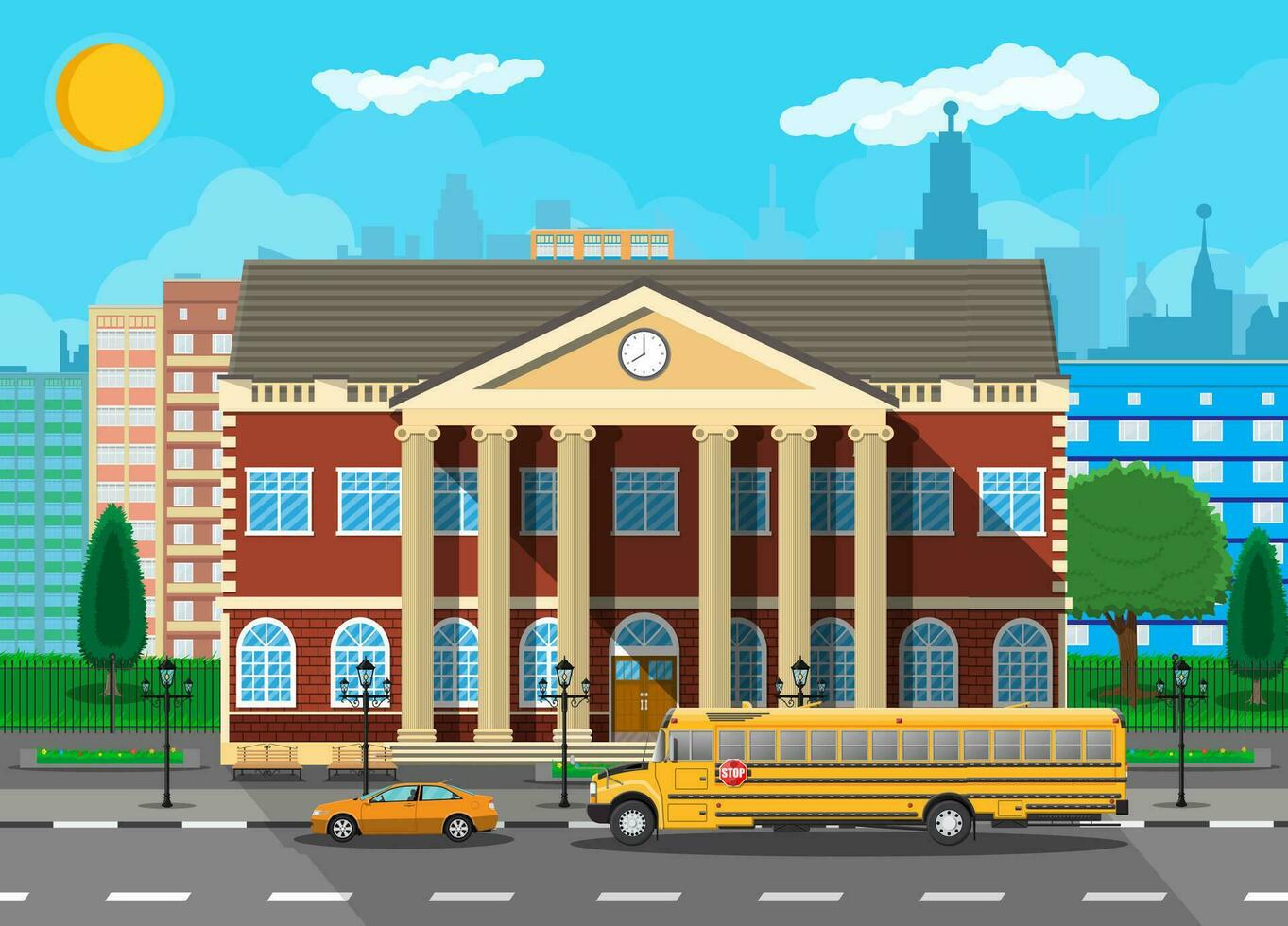 Classical school building and cityscape. Brick facade with clocks. Public educational institution and bus. College or university organization. Tree, clouds, sun. Vector illustration in flat style
