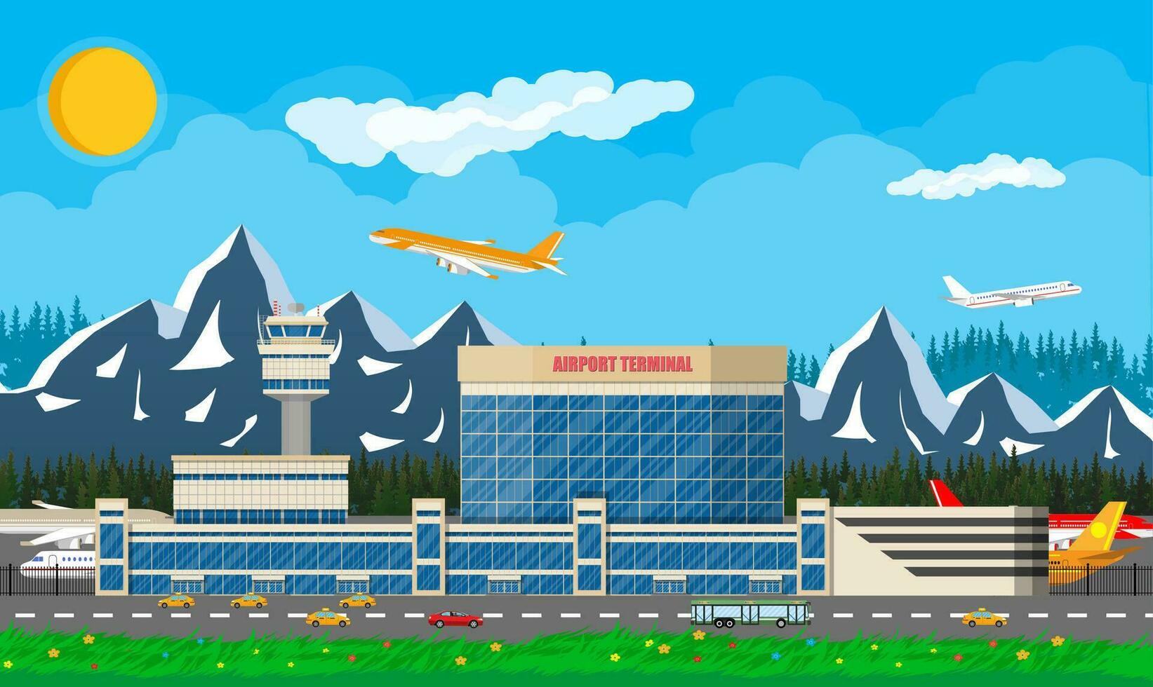 International airport in mountains concept. Sky with clouds and sun. Airport terminal with road, taxi cab, bus and aircraft. Vector illustration in flat style